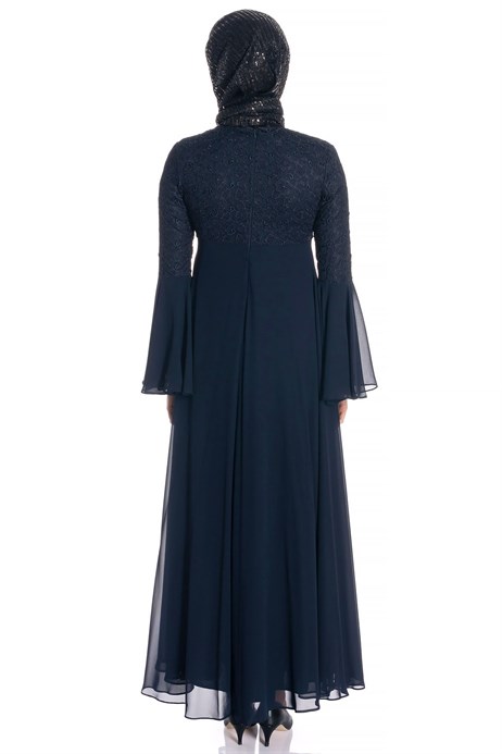 Beyza-Necklace Laced Navy Blue Modest Evening Dress