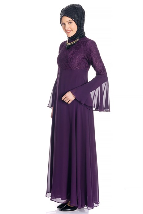 Beyza-Necklace Laced Purple Modest Evening Dress