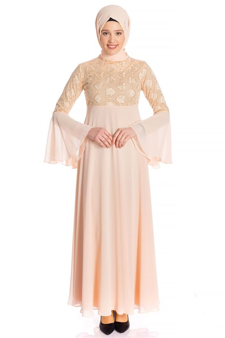 Beyza-Necklace Laced Powder Modest Evening Dress