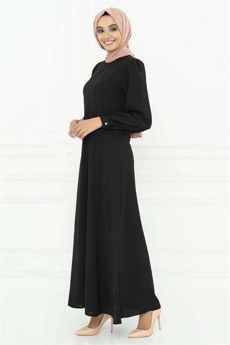 Beyza-Cooped Black Modest Dress 3M5063