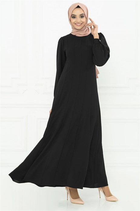 Beyza-Cooped Black Modest Dress 3M5063