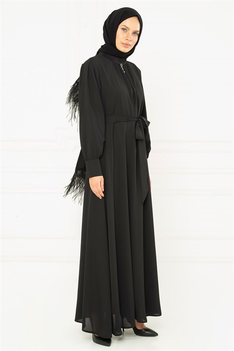 Beyza-Kuşaklı Astarlı Siyah Tesettür Elbise 5099