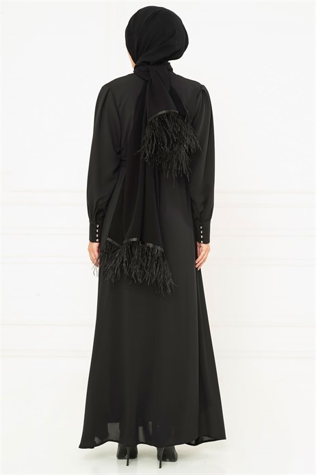 Beyza-Lined Black Modest Dress wit Sash 3M5099
