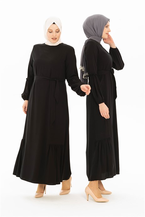 Beyza-Kuşaklı Siyah Tesettür Elbise 794-2