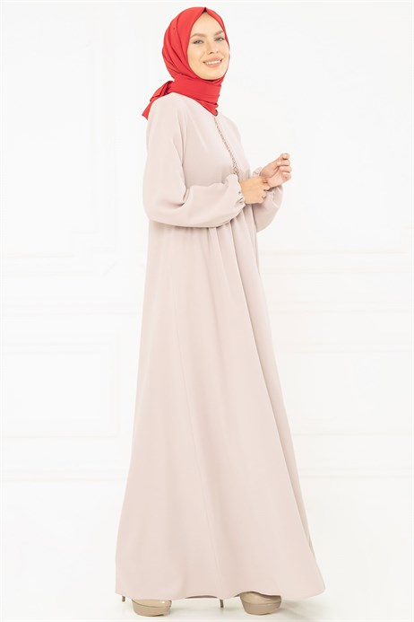 Beyza-Ornamented Detailed Beige Modest Dress 3M5141