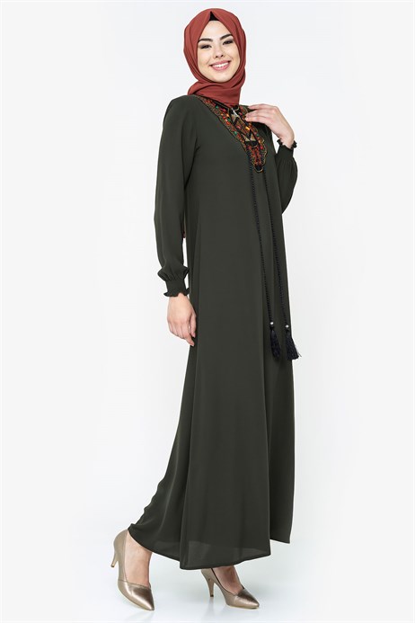 Beyza-Neck Ornamented Khaki Modest Dress