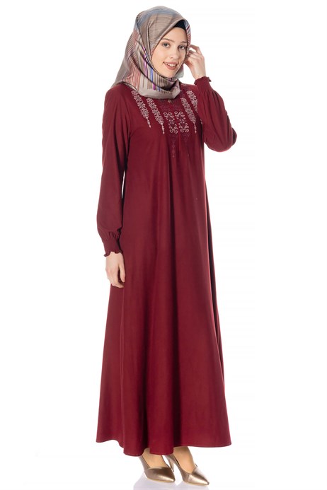Beyza-Neck Ornamented Claret Red Suede Modest Dress