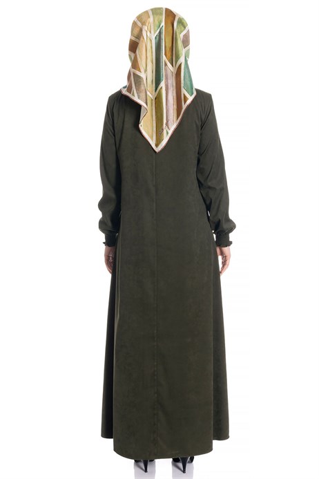 Beyza-Ornamented Khaki Suede Modest Dress