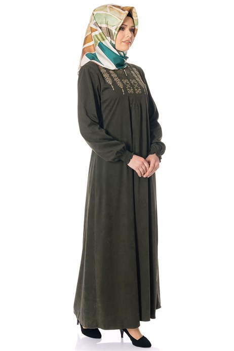 Beyza-Ornamented Khaki Suede Modest Dress