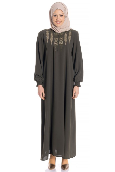 Neck Ornamented Khaki Modest Dress 3M746