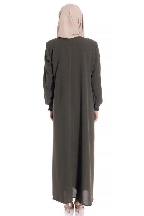 Beyza-Neck Ornamented Khaki Modest Dress 3M746