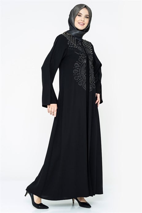 Beyza-Nakış İşlemeli İç Elbiseli Siyah Tesettür Abiye Elbise 5064
