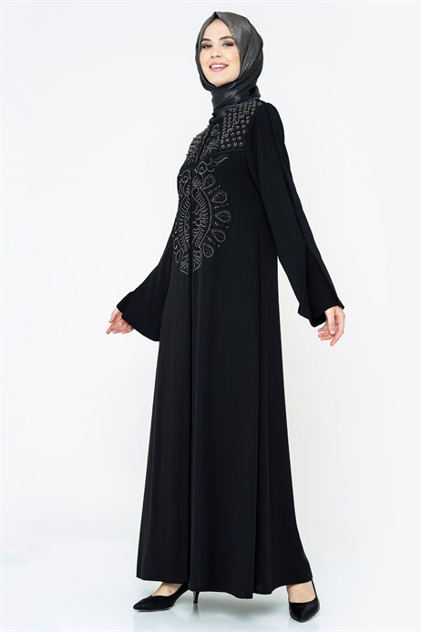 Beyza-Nakış İşlemeli İç Elbiseli Siyah Tesettür Abiye Elbise 5064