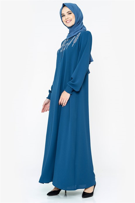 Beyza-Ornamented Indigo Modest Dress