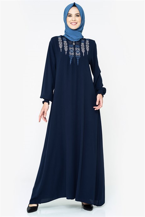 Beyza-Ornamented Navy Blue Modest Dress
