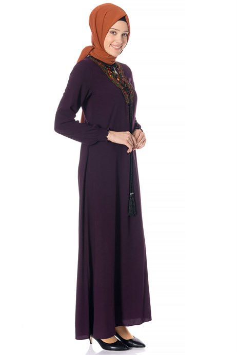 Beyza-Neck Ornamented Damson Modest Dress