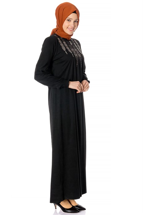 Beyza-Neck Ornamented Black Suede Modest Dress