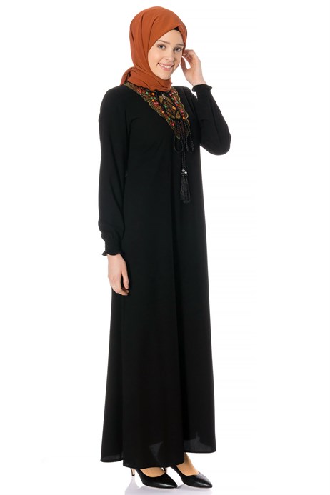 Beyza-Neck Ornamented Black Modest Dress
