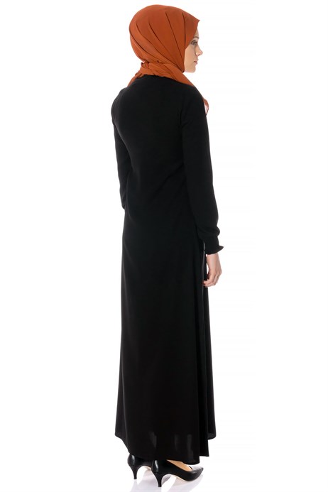 Beyza-Neck Ornamented Black Modest Dress