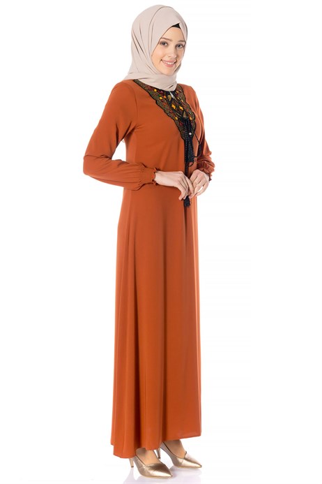 Beyza-Neck Ornamented Cinnamon Modest Dress 3M746