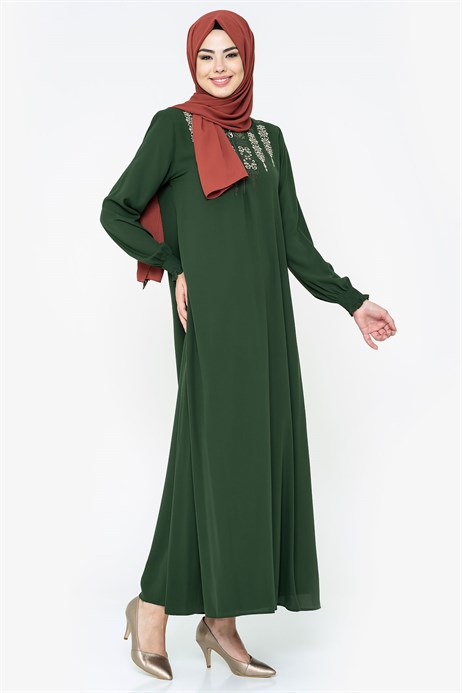 Beyza-Ornamented Green Modest Dress