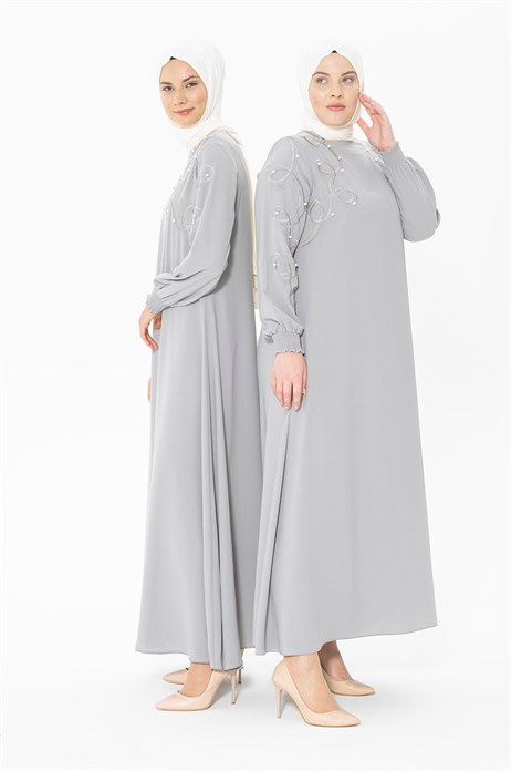 Beyza-Embroidery and Pearl Detailed Grey Hijab Dress 5241
