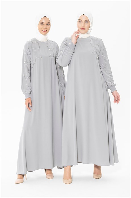 Embroidery and Pearl Detailed Grey Hijab Dress 5241