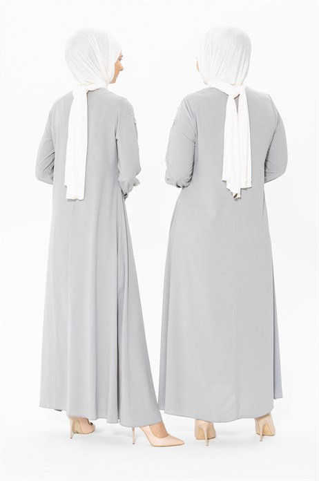 Beyza-Embroidery and Pearl Detailed Grey Hijab Dress 5241