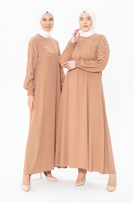 Beyza-Embroidery and Pearl Detailed Cinnamon Hijab Dress 5242