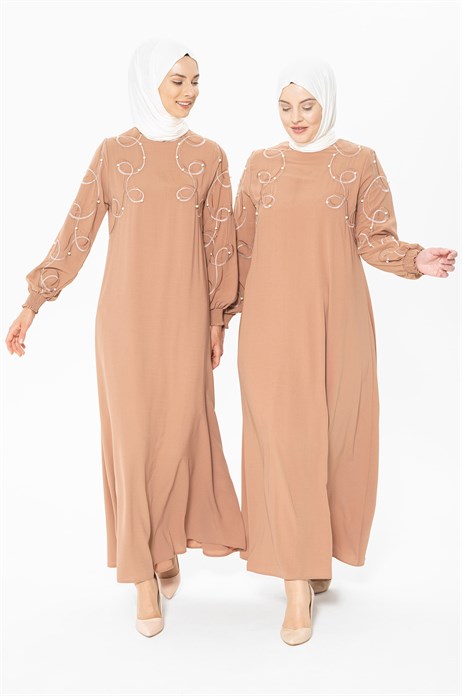 Beyza-Embroidery and Pearl Detailed Cinnamon Hijab Dress 5242