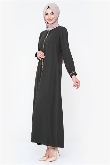 Beyza-Neck Ornamented Khaki Modest Dress 829