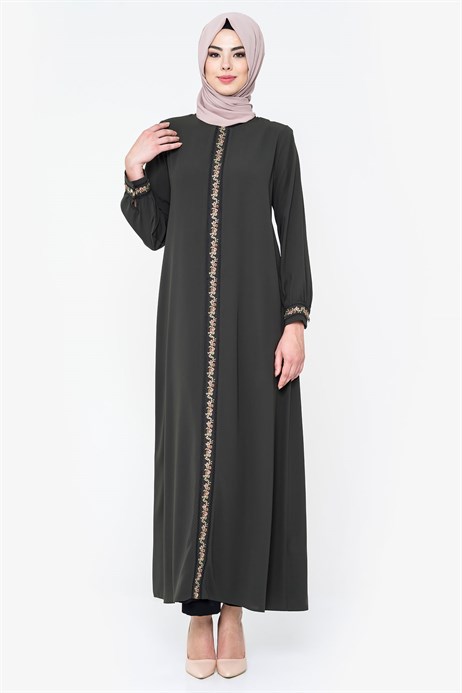 Neck Ornamented Khaki Modest Dress 829