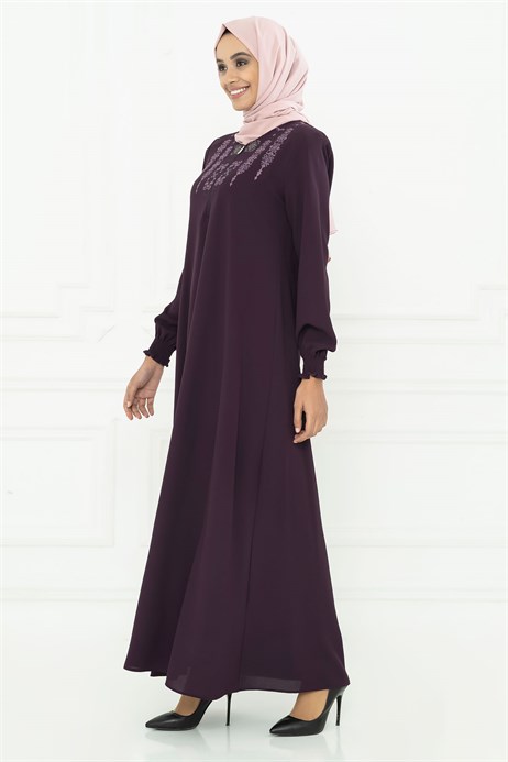 Beyza-Neck Ornamented Purple Modest Dress 3M746