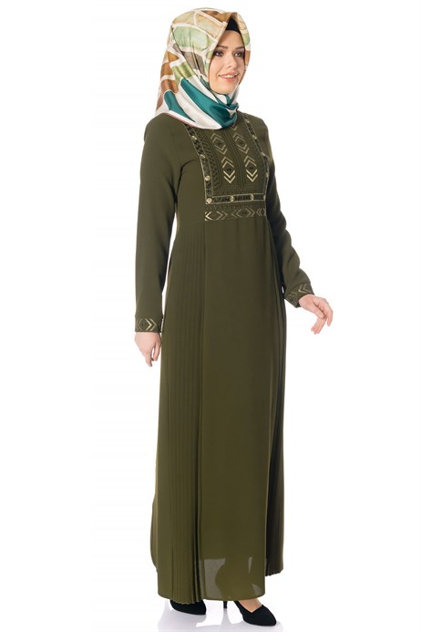 Beyza-Ornamented Pleated Khaki Modest Dress