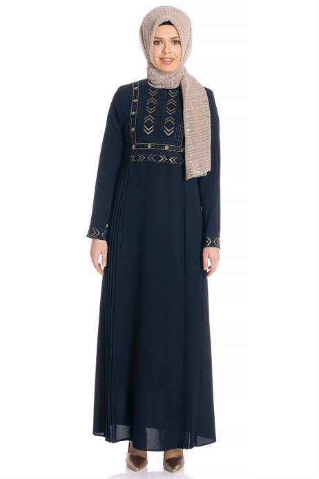 Ornamented Pleated Navy Blue Modest Dress