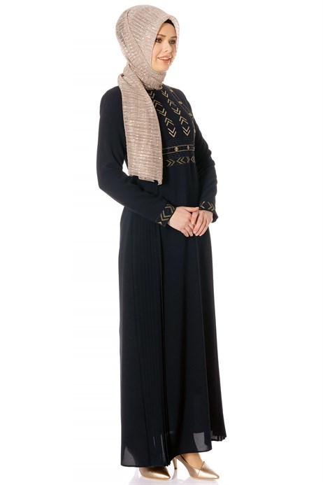 Beyza-Ornamented Pleated Black Modest Dress