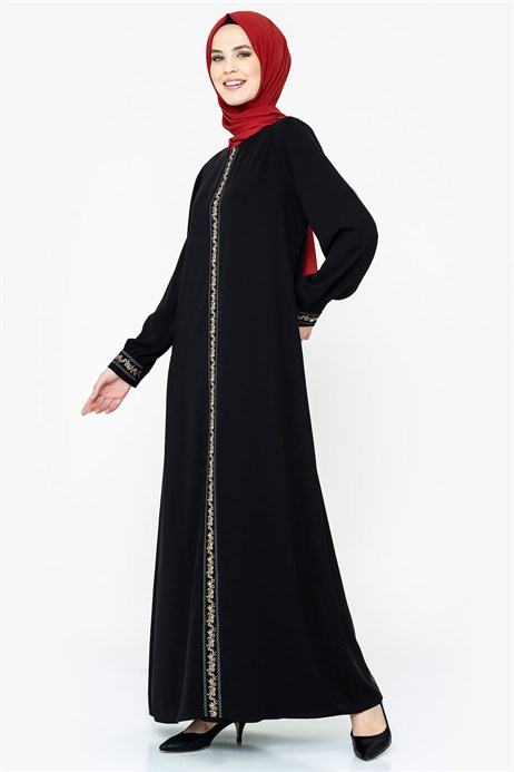 Beyza-Ornamented Black Modest Dress 829