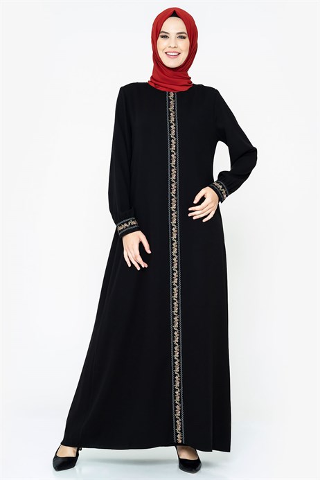 Beyza-Ornamented Black Modest Dress 829