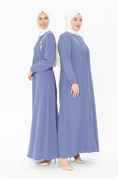 Beyza-Nervür Detaylı Sade Mavi Tesettür Elbise 5278