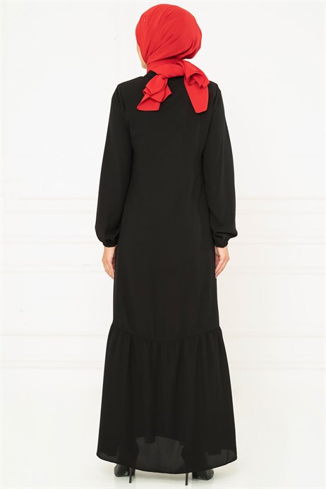Beyza-Rib Detailed Black Modest Evening Dress 3M5147