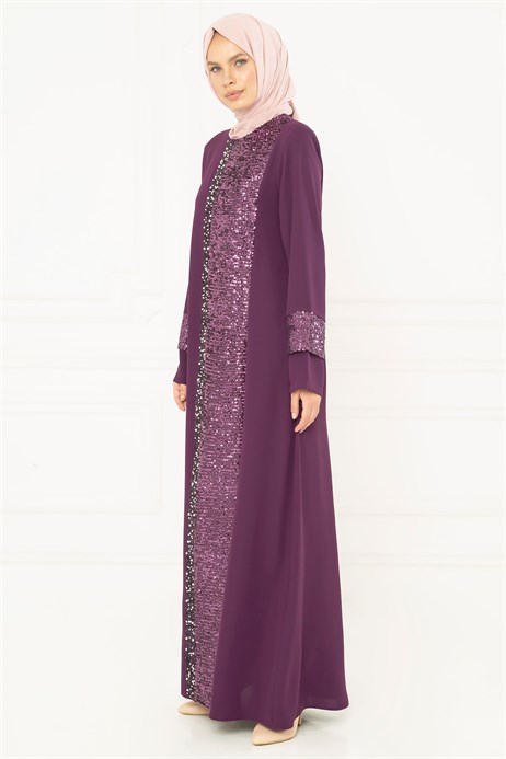 Beyza-Spangle Detailed Damson Modest Evening Dress 3M5153