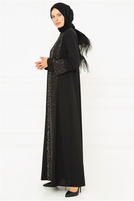 Beyza-Spangle Detailed Black Modest Evening Dress 3M5153