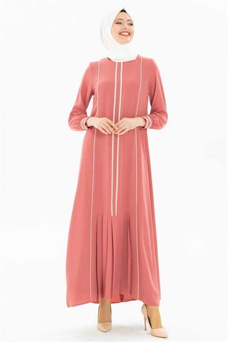 Beyza-Pipe and Pleat Detailed Dusty Rose Dress 3M5179
