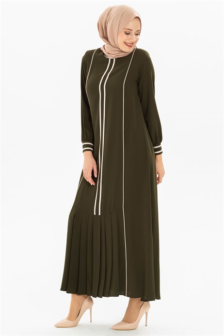 Beyza-Pipe and Pleat Detailed Khaki Dress 3M5179