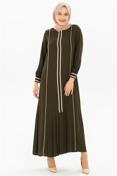 Beyza-Pipe and Pleat Detailed Khaki Dress 3M5179