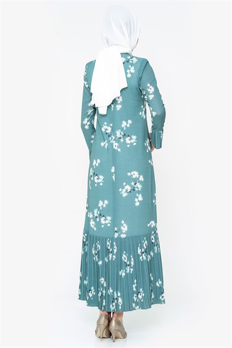 Beyza-Patterned Pleated Petrol Modest Dress