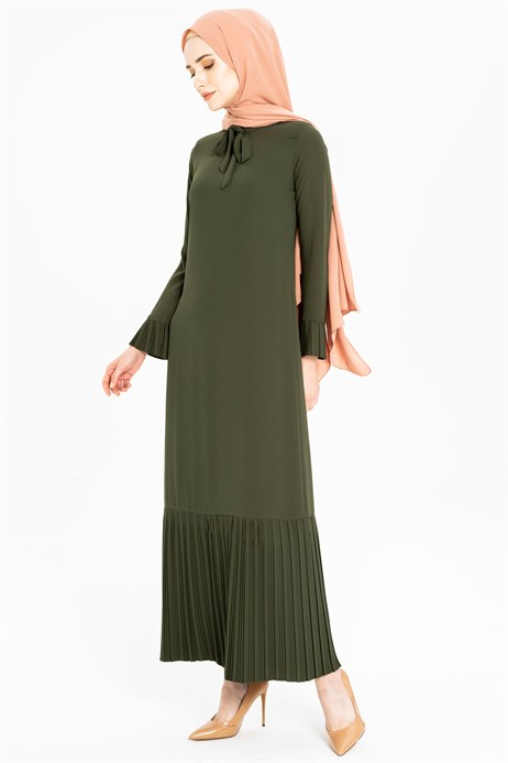 Beyza-Pleated Khaki Modest Dress 3M764-1