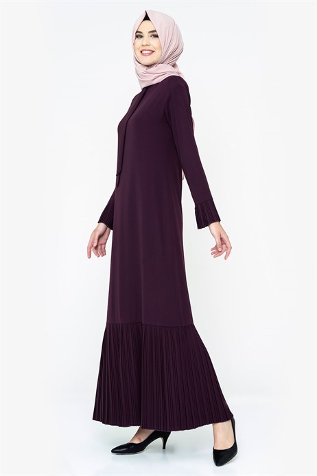 Beyza-Pleated Damson Modest Dress
