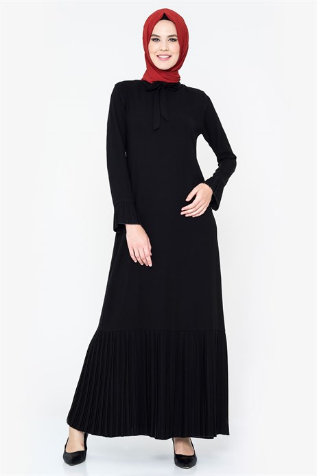 Pleated Black Modest Dress 3M764