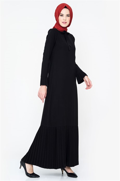Beyza-Pleated Black Modest Dress 3M764